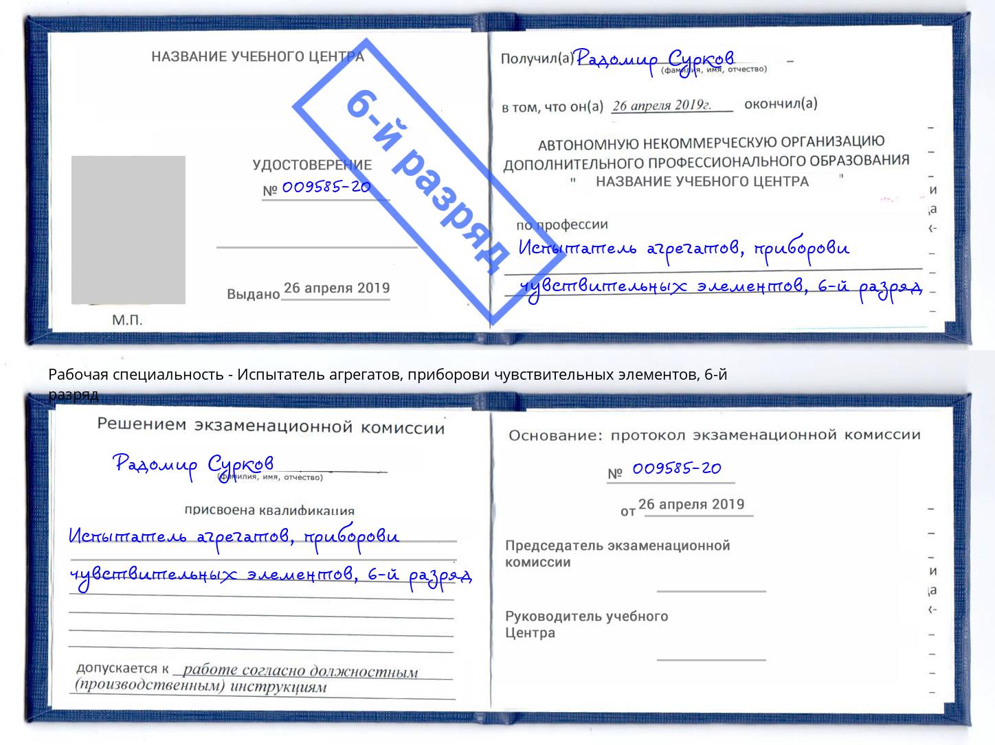 корочка 6-й разряд Испытатель агрегатов, приборови чувствительных элементов Щёлково