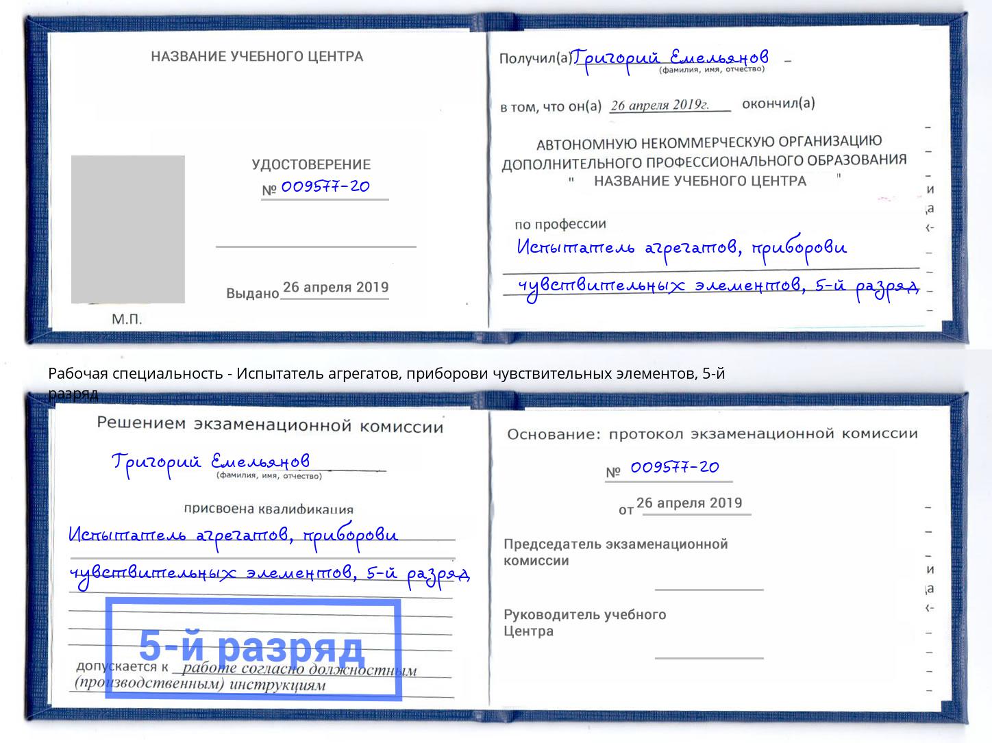 корочка 5-й разряд Испытатель агрегатов, приборови чувствительных элементов Щёлково