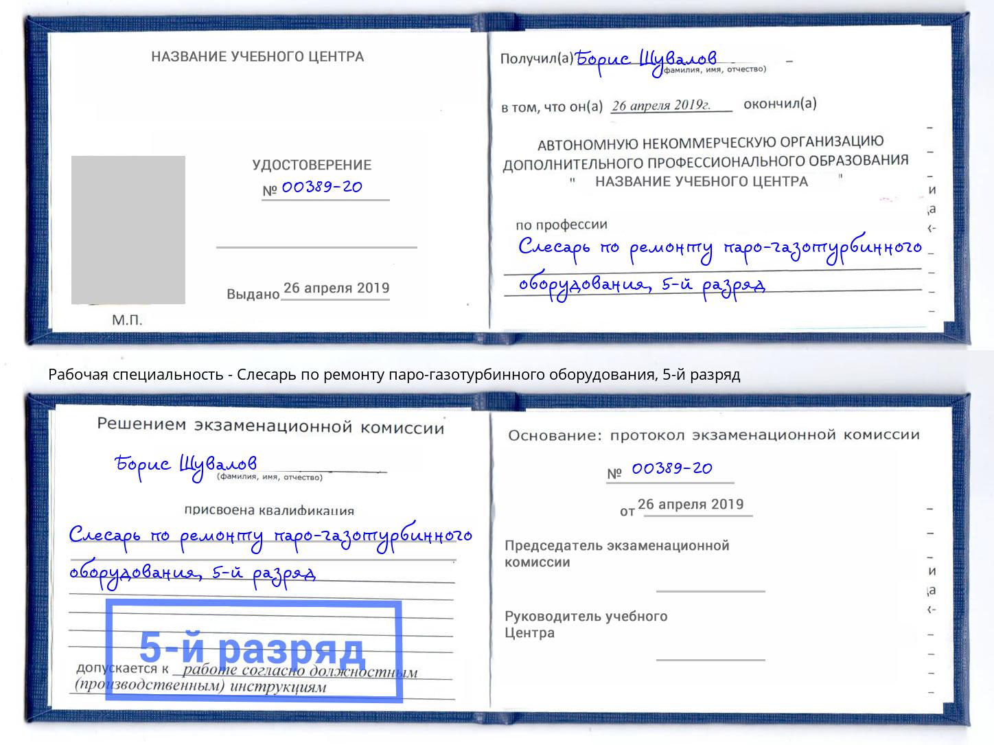 корочка 5-й разряд Слесарь по ремонту паро-газотурбинного оборудования Щёлково