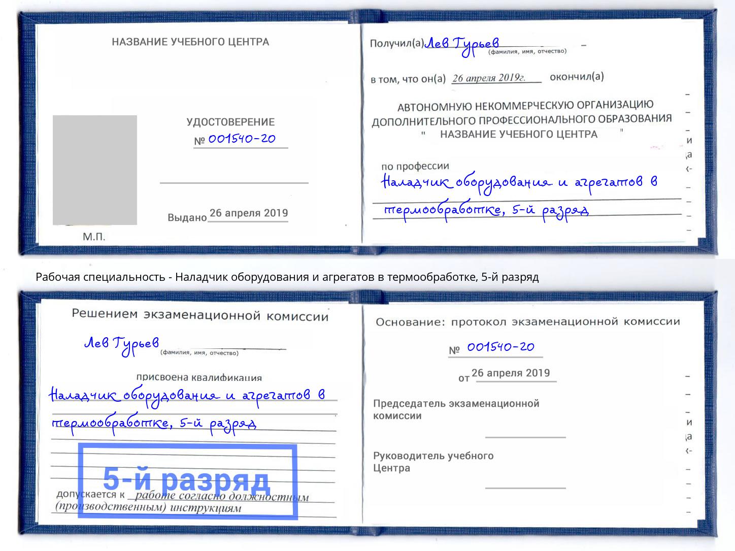 корочка 5-й разряд Наладчик оборудования и агрегатов в термообработке Щёлково