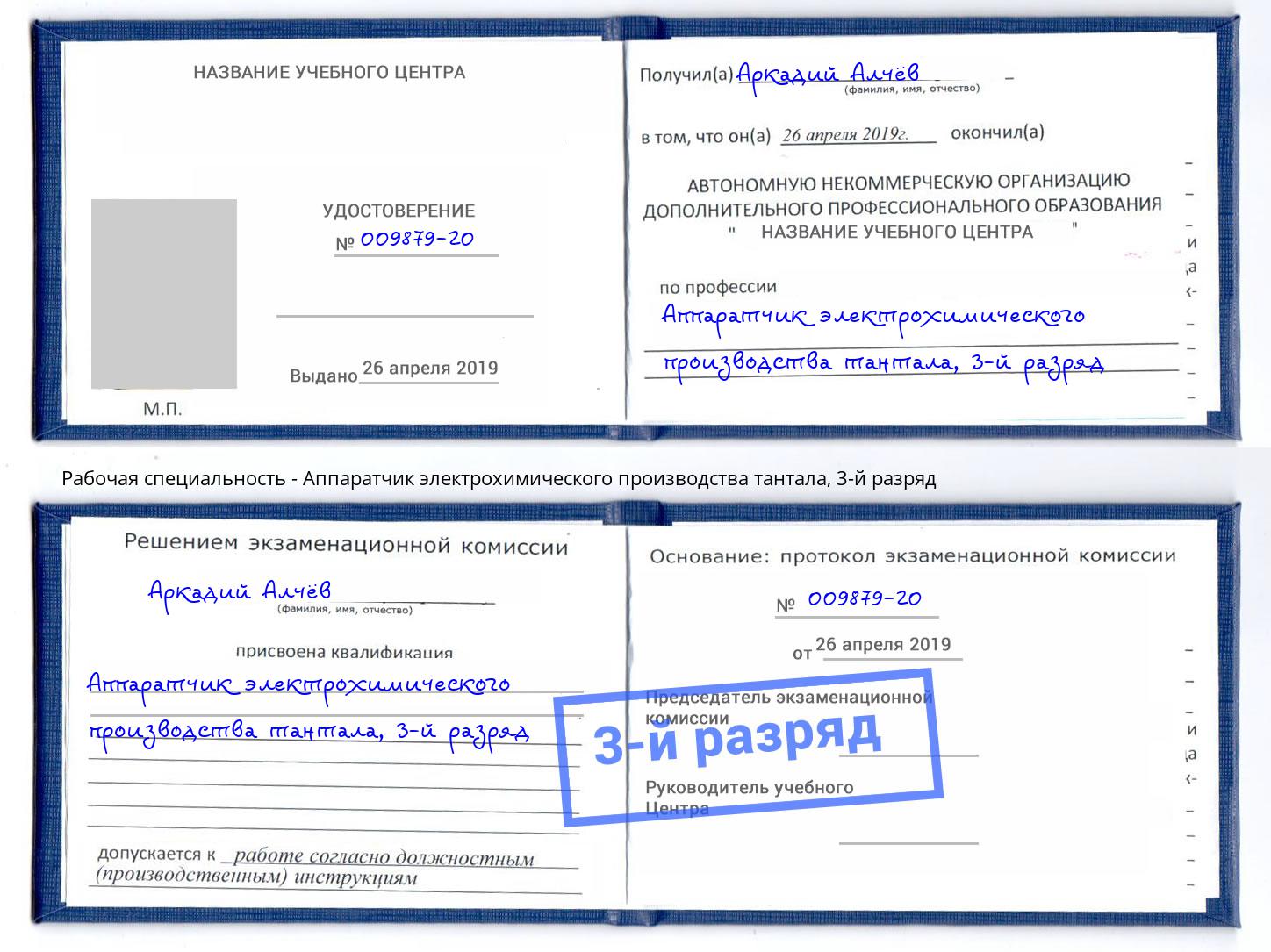 корочка 3-й разряд Аппаратчик электрохимического производства тантала Щёлково