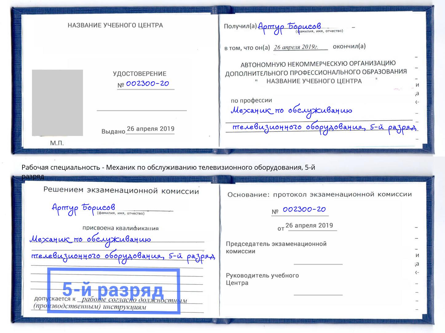 корочка 5-й разряд Механик по обслуживанию телевизионного оборудования Щёлково